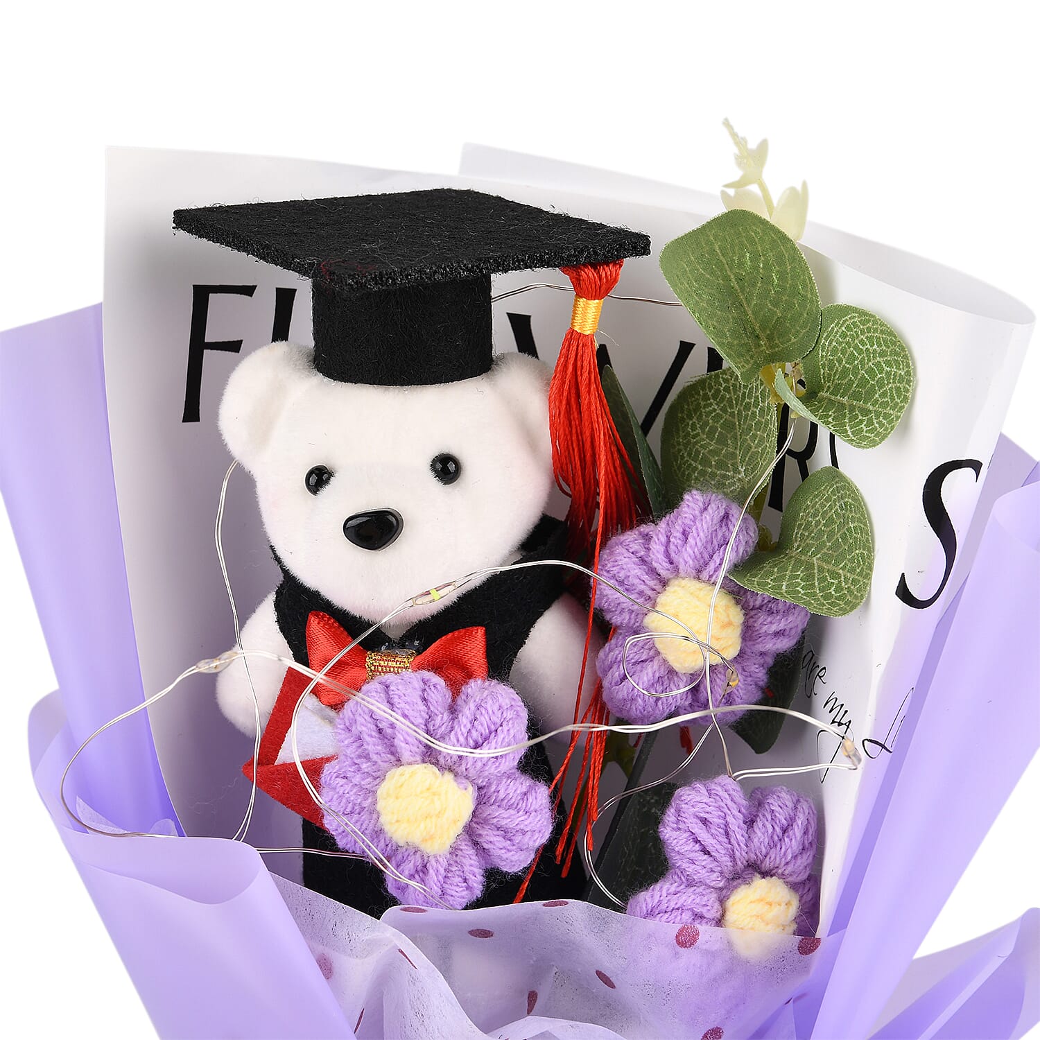 LIVMORE Handmade Knitted Flower Bouquet with Little Bear & LED Lights (26cm) - Purple