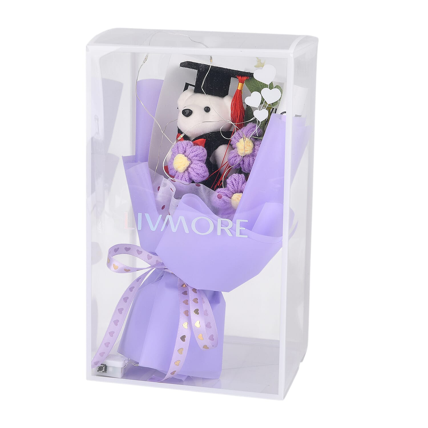 LIVMORE Handmade Knitted Flower Bouquet with Little Bear & LED Lights (26cm) - Purple