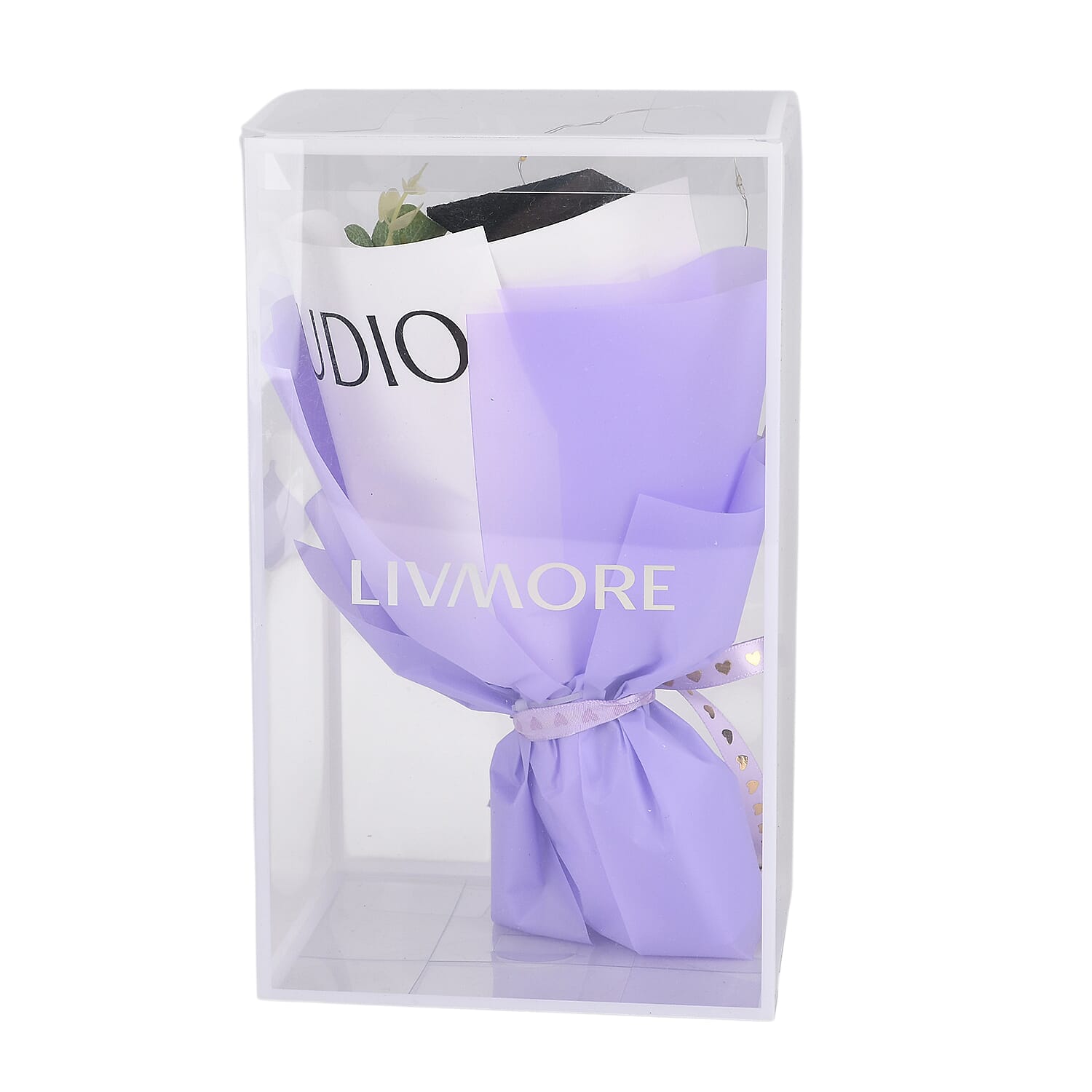 LIVMORE Handmade Knitted Flower Bouquet with Little Bear & LED Lights (26cm) - Purple