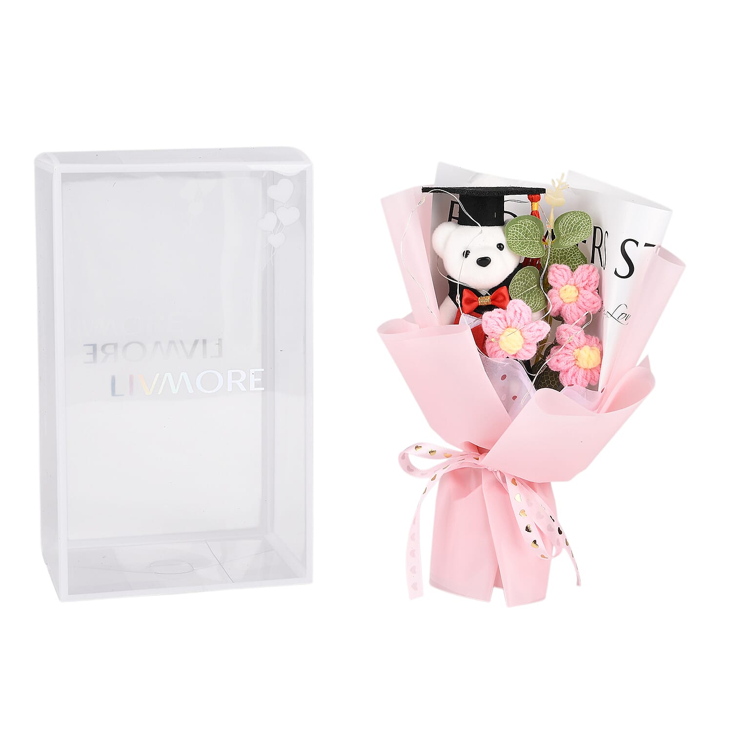 LIVMORE Handmade Knitted Flower Bouquet with Little Bear & LED Lights (26cm) - Pink