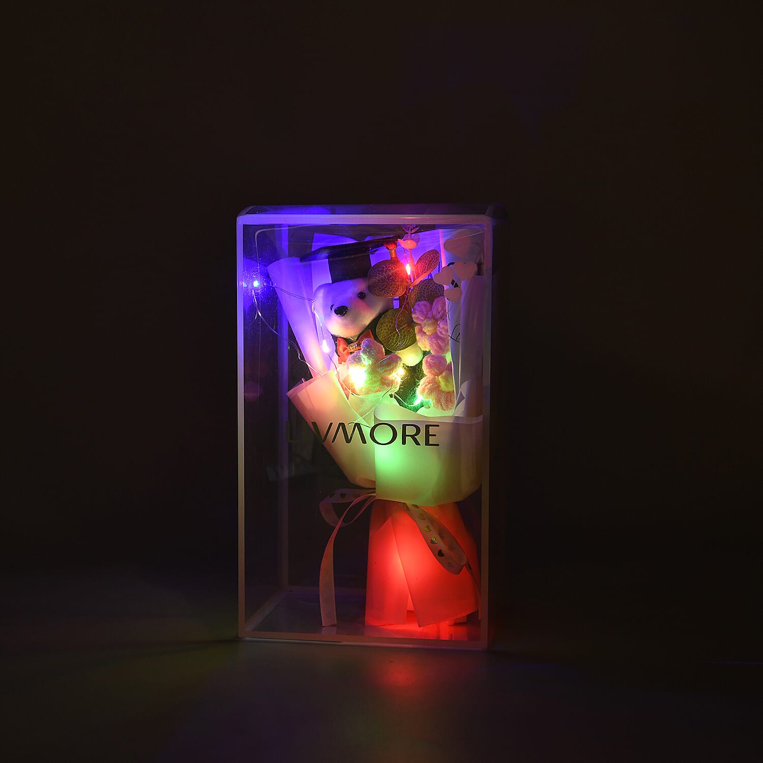 LIVMORE Handmade Knitted Flower Bouquet with Little Bear & LED Lights (26cm) - Pink