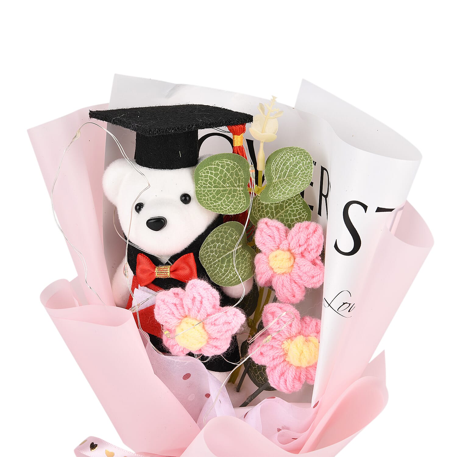 LIVMORE Handmade Knitted Flower Bouquet with Little Bear & LED Lights (26cm) - Pink