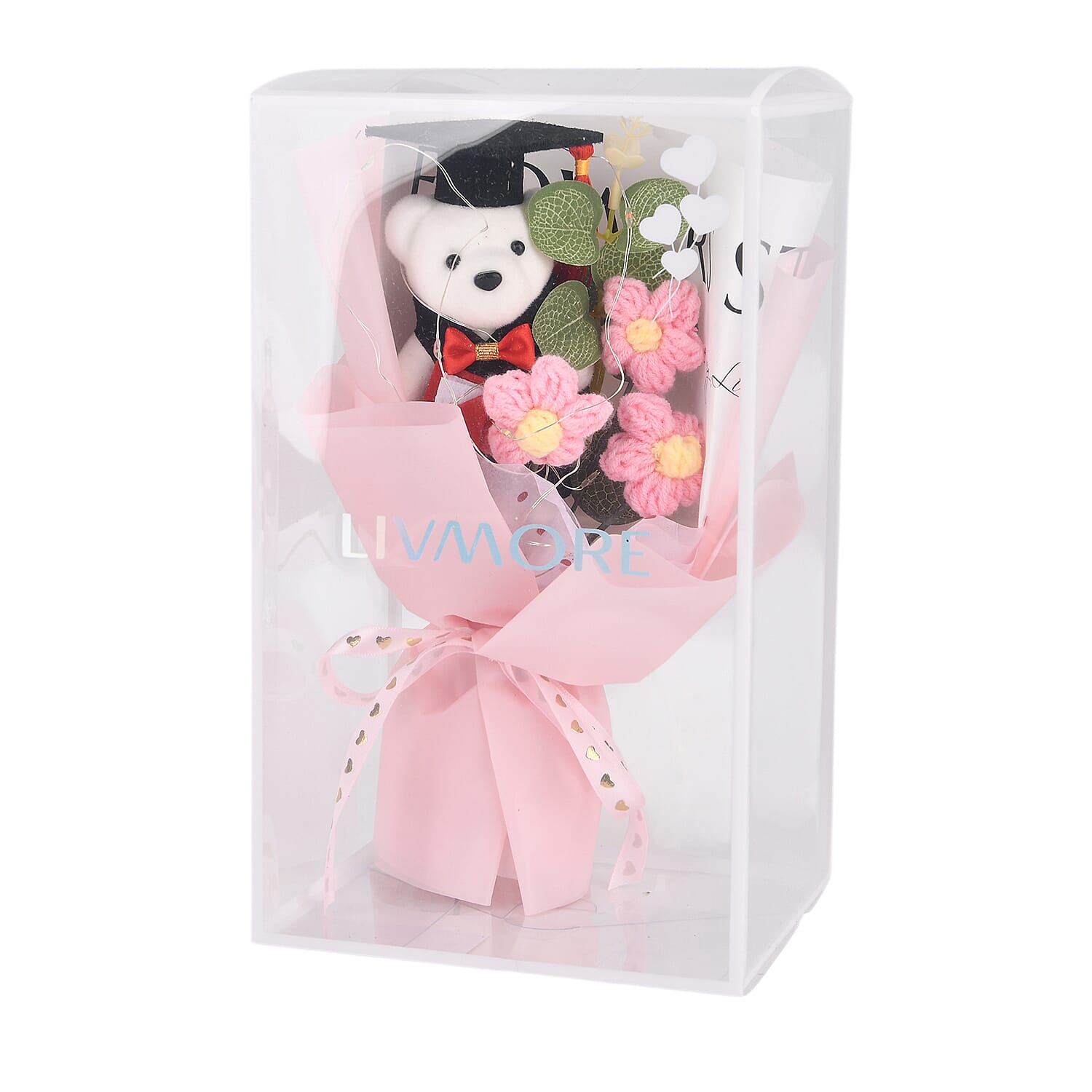 LIVMORE Handmade Knitted Flower Bouquet with Little Bear & LED Lights (26cm) - Pink