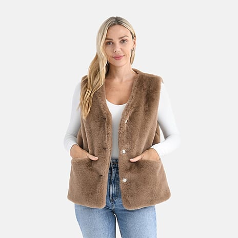 - Maisi Faux Fur Half-Sleeve Luxe Gilet Coat with Button Detail (Size L-XL) - Brown