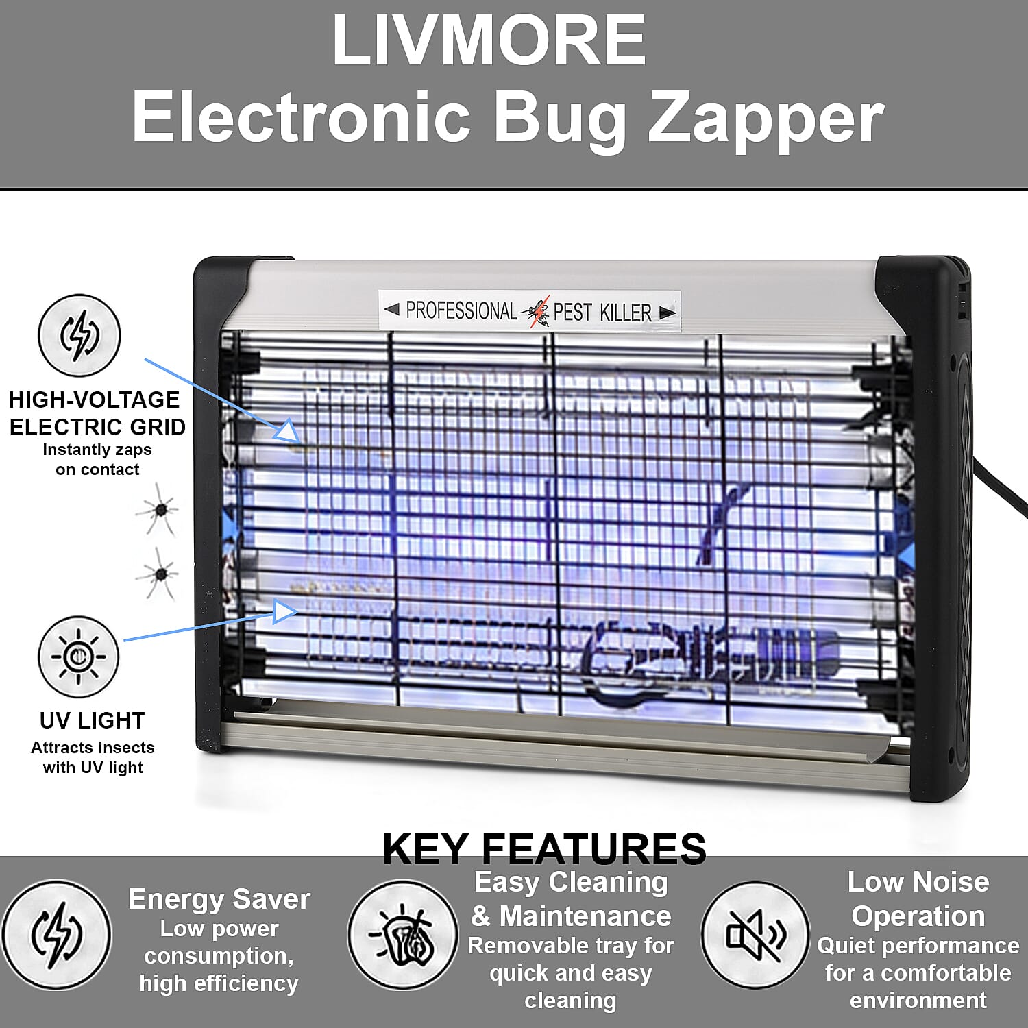 ONE TO OWN - Professional Quality Electric Bug Zapper- 20W, Dual UV Tube, High Voltage 1500V Grid -   30m2 Coverage (25x37.5x6cm)