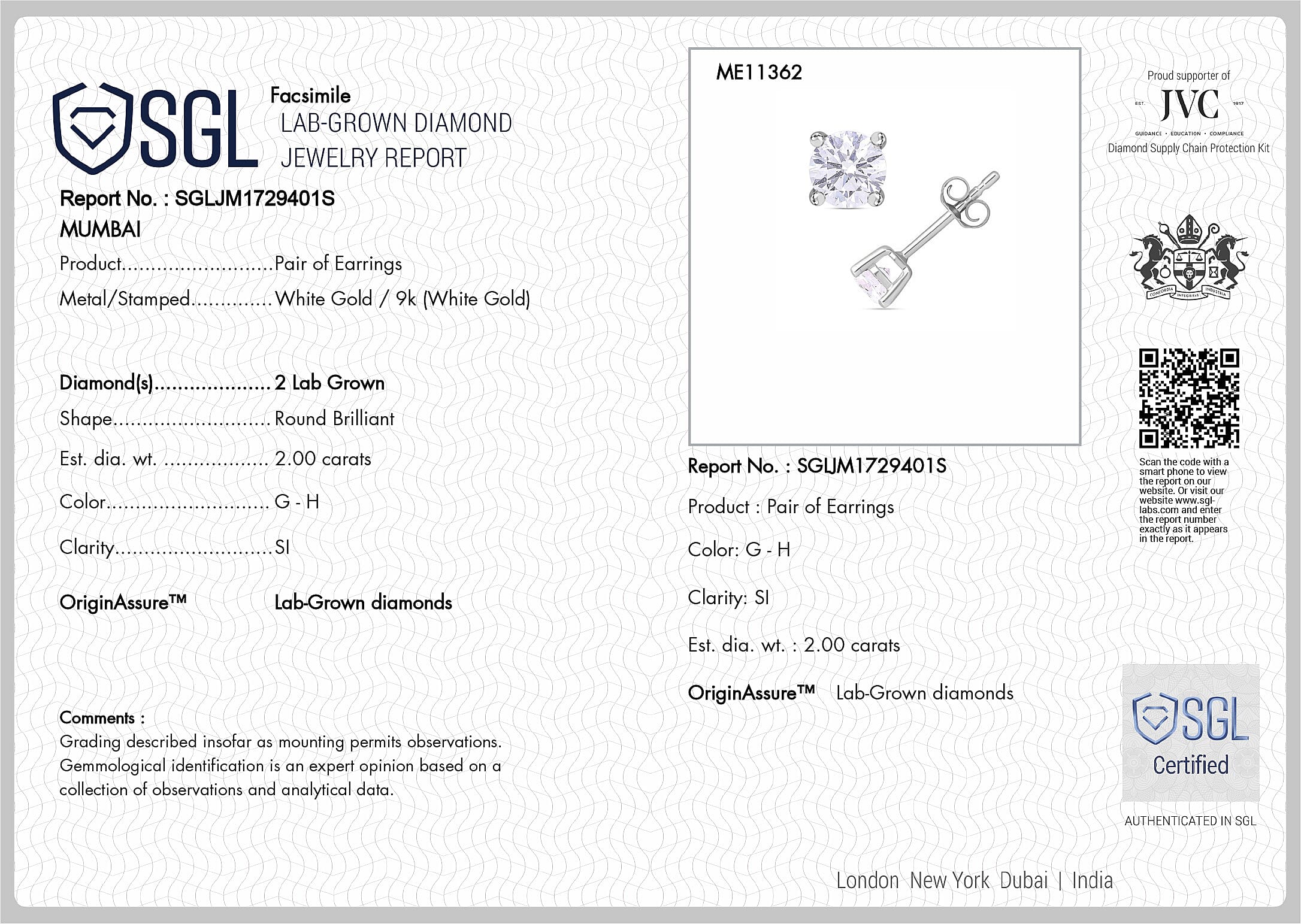 Luxuriant 9K White Gold SGL Certified (SI-GH) Round Brilliant Cut Lab Grown Diamond Stud Push Back Earrings 2.00 Ct.