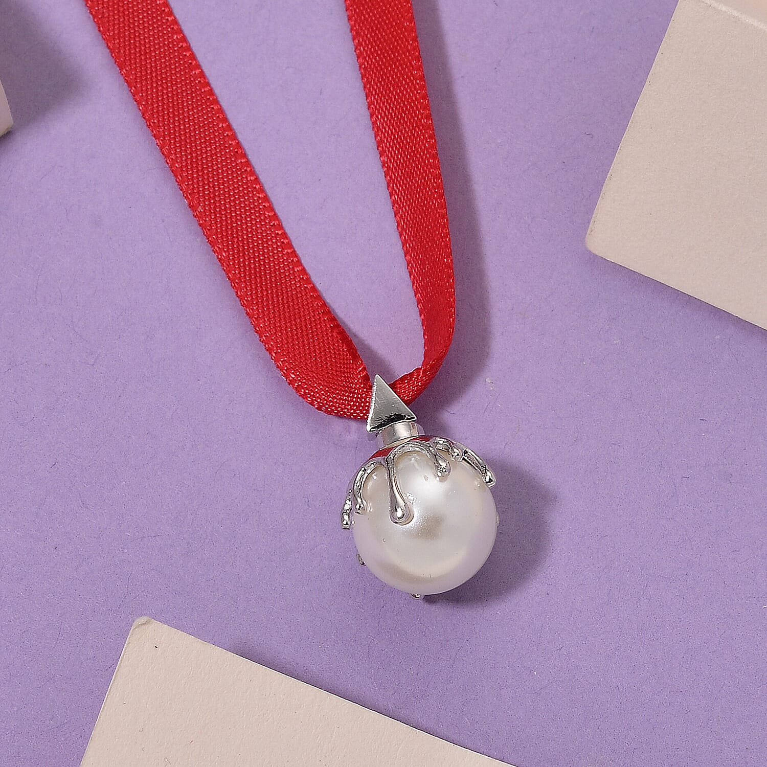 Lucy Q-Drop Bauble Collection White Shell Pearl Pendant with Red Ribbon