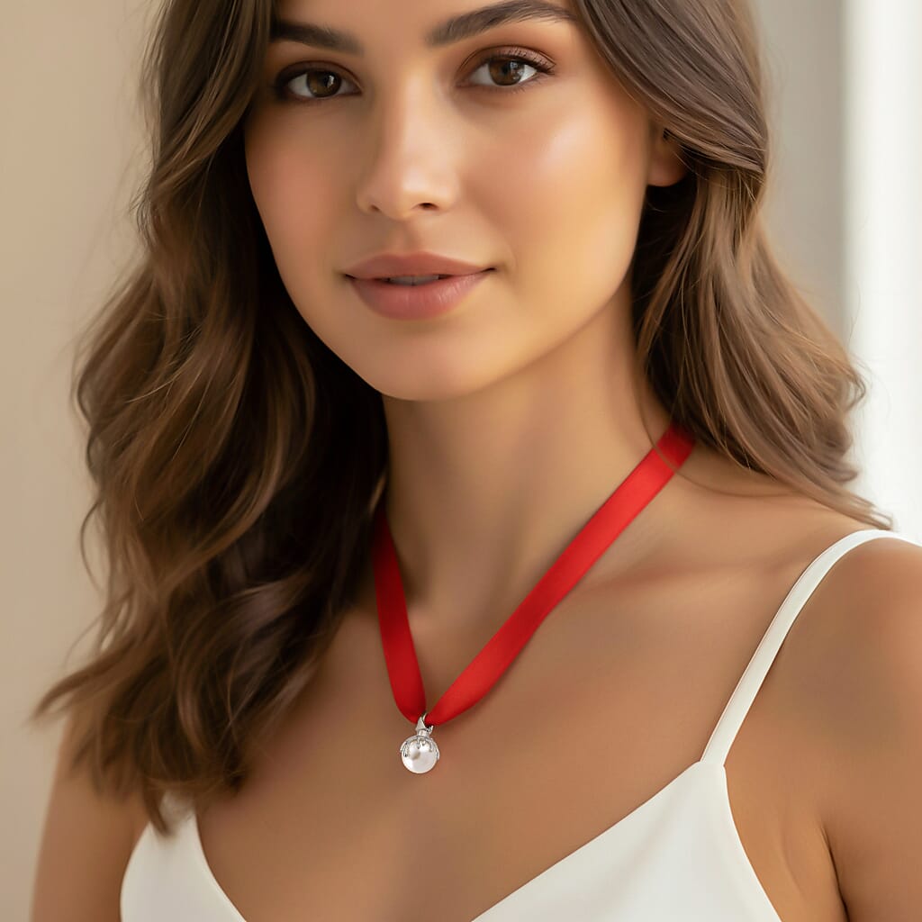 Lucy Q-Drop Bauble Collection White Shell Pearl Pendant with Red Ribbon