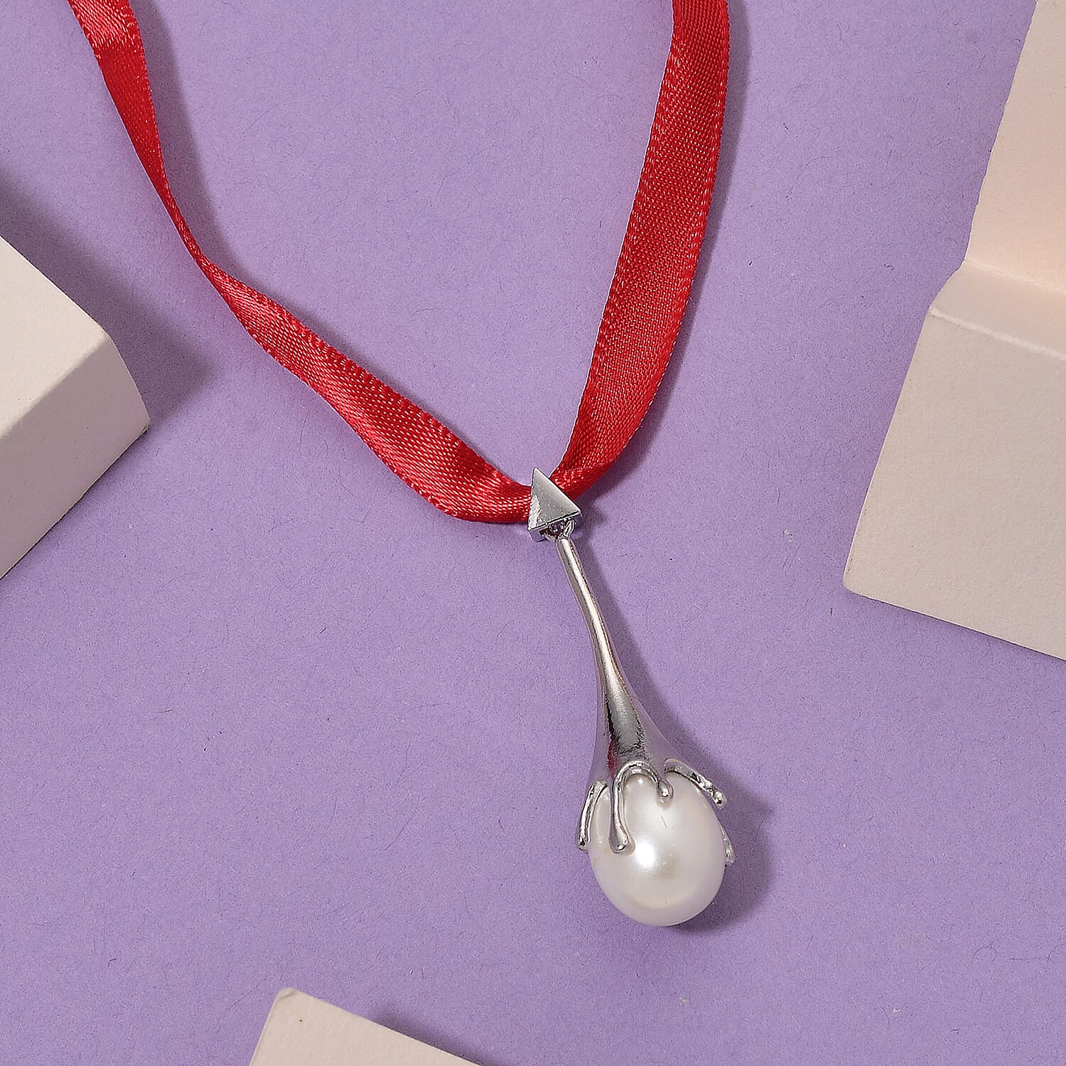 Lucy Q-Drop Bauble Collection White Shell Pearl Pendant with Red Ribbon