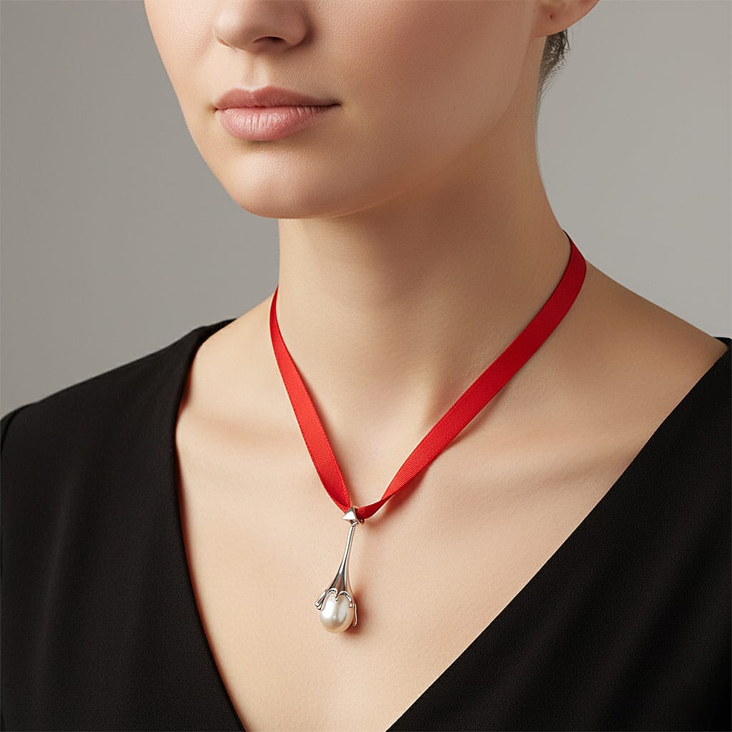 Lucy Q-Drop Bauble Collection White Shell Pearl Pendant with Red Ribbon