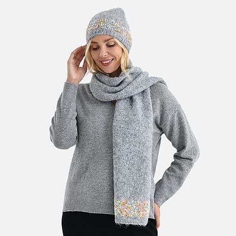 - Maisi Knitted Cozy Set of Two Scarf and Hat - Grey