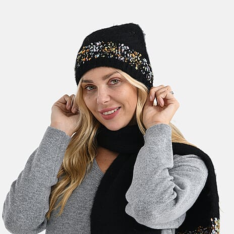 - Maisi Knitted Cozy Set of Two Scarf and Hat - Black