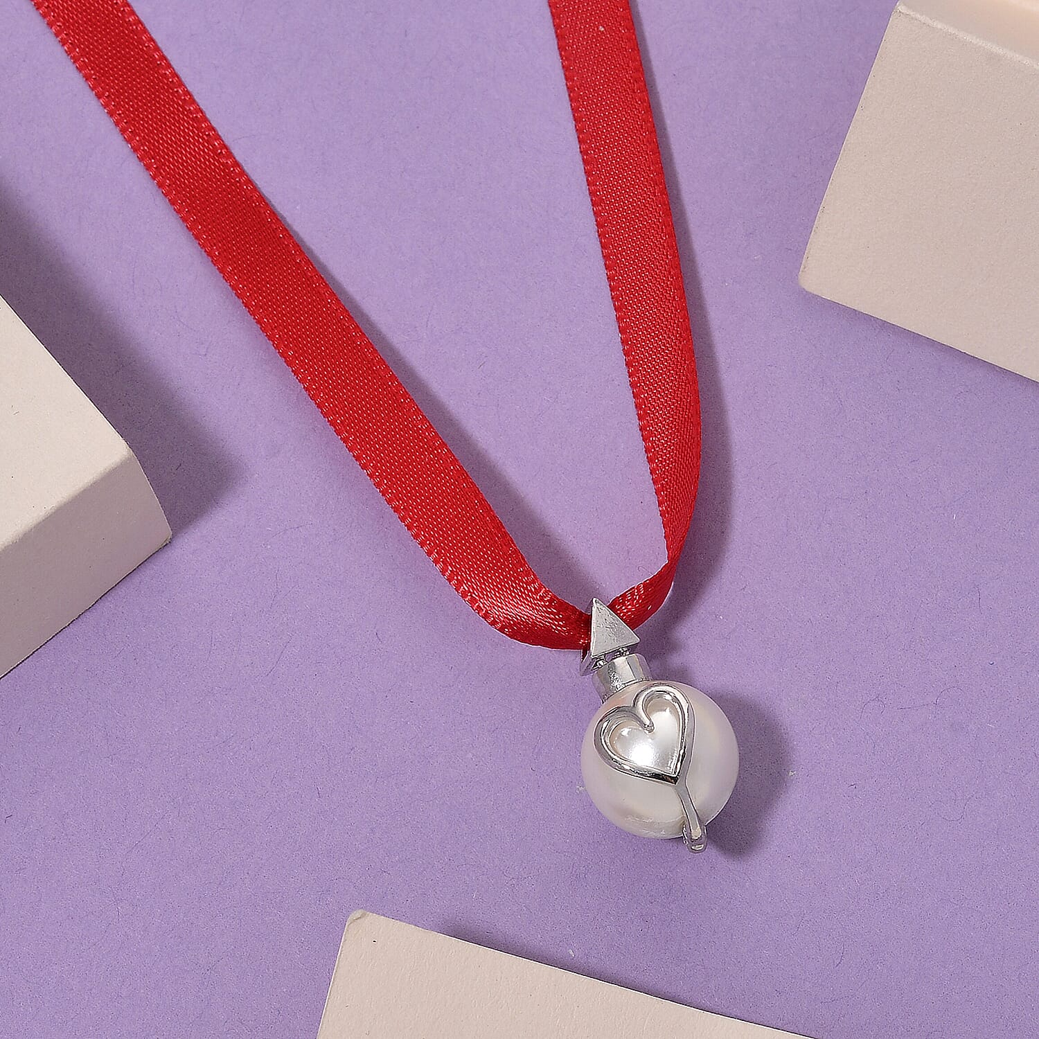 Lucy Q-Drop Bauble Collection White Shell Pearl Pendant with Red Ribbon