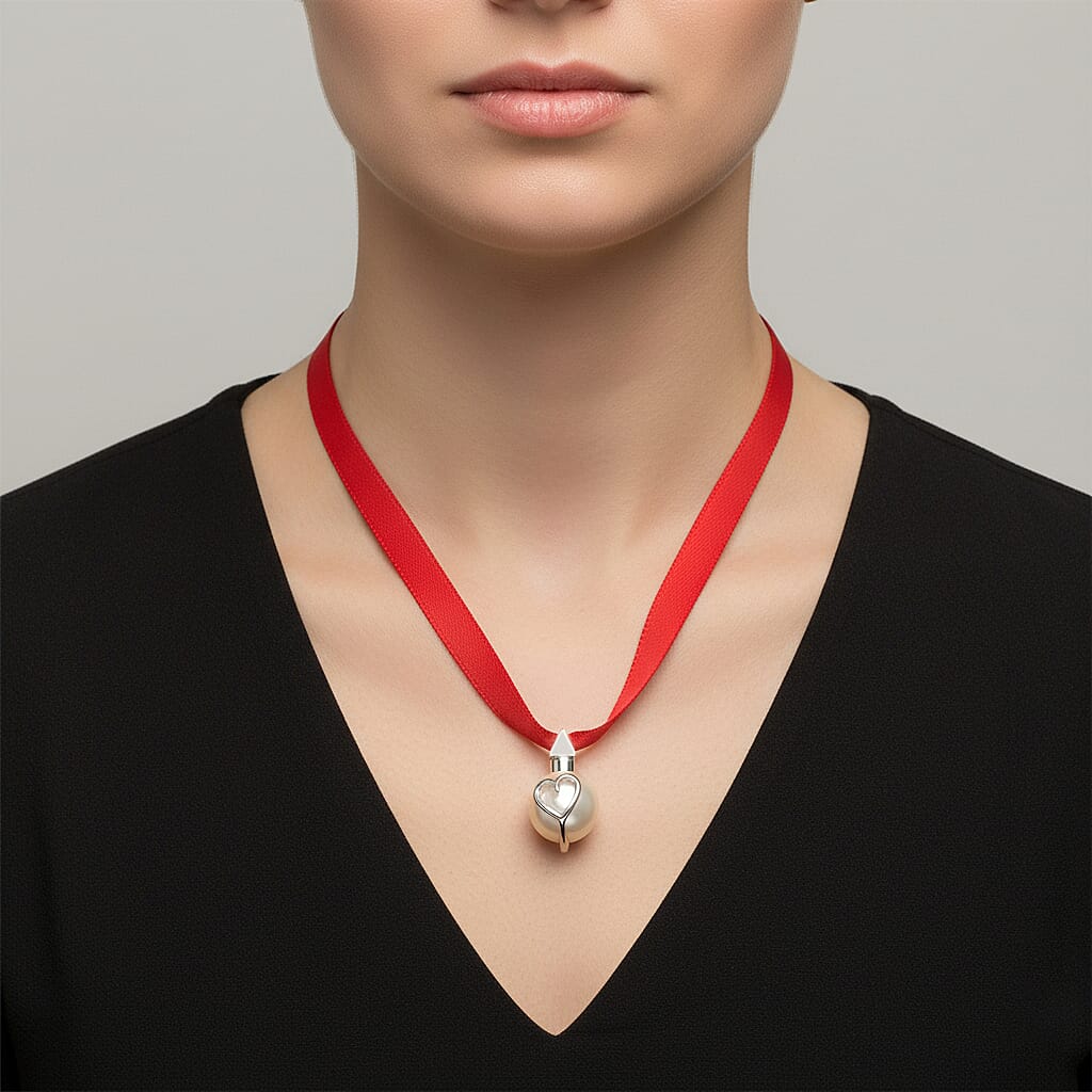 Lucy Q-Drop Bauble Collection White Shell Pearl Pendant with Red Ribbon