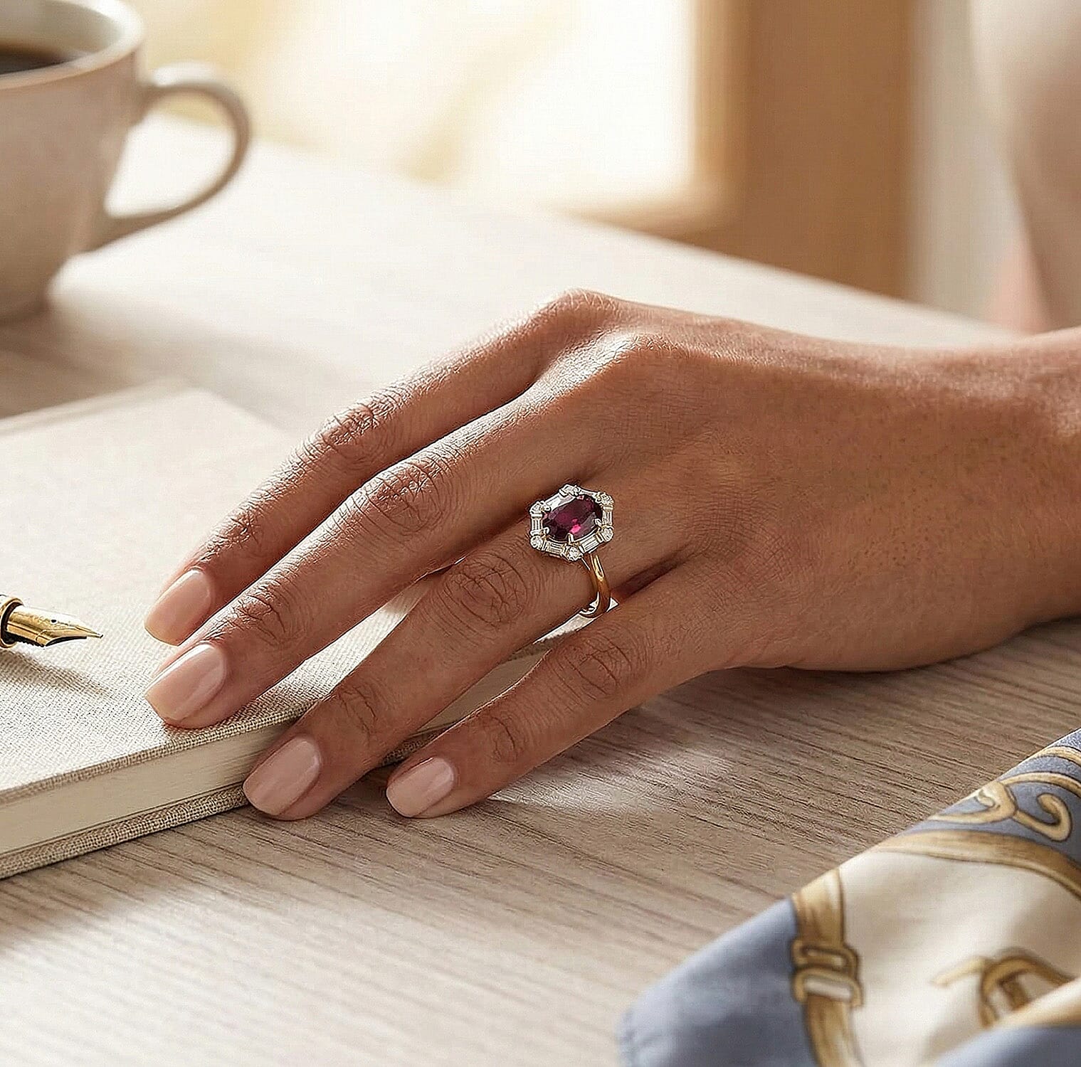 Luxuriant 10K Yellow Gold AAA Radiant Ember Garnet, Lab Grown Diamond GH, SI Main Stone With Side Stone Ring, Gold Wt.2.83 Gms  1.653  Ct.