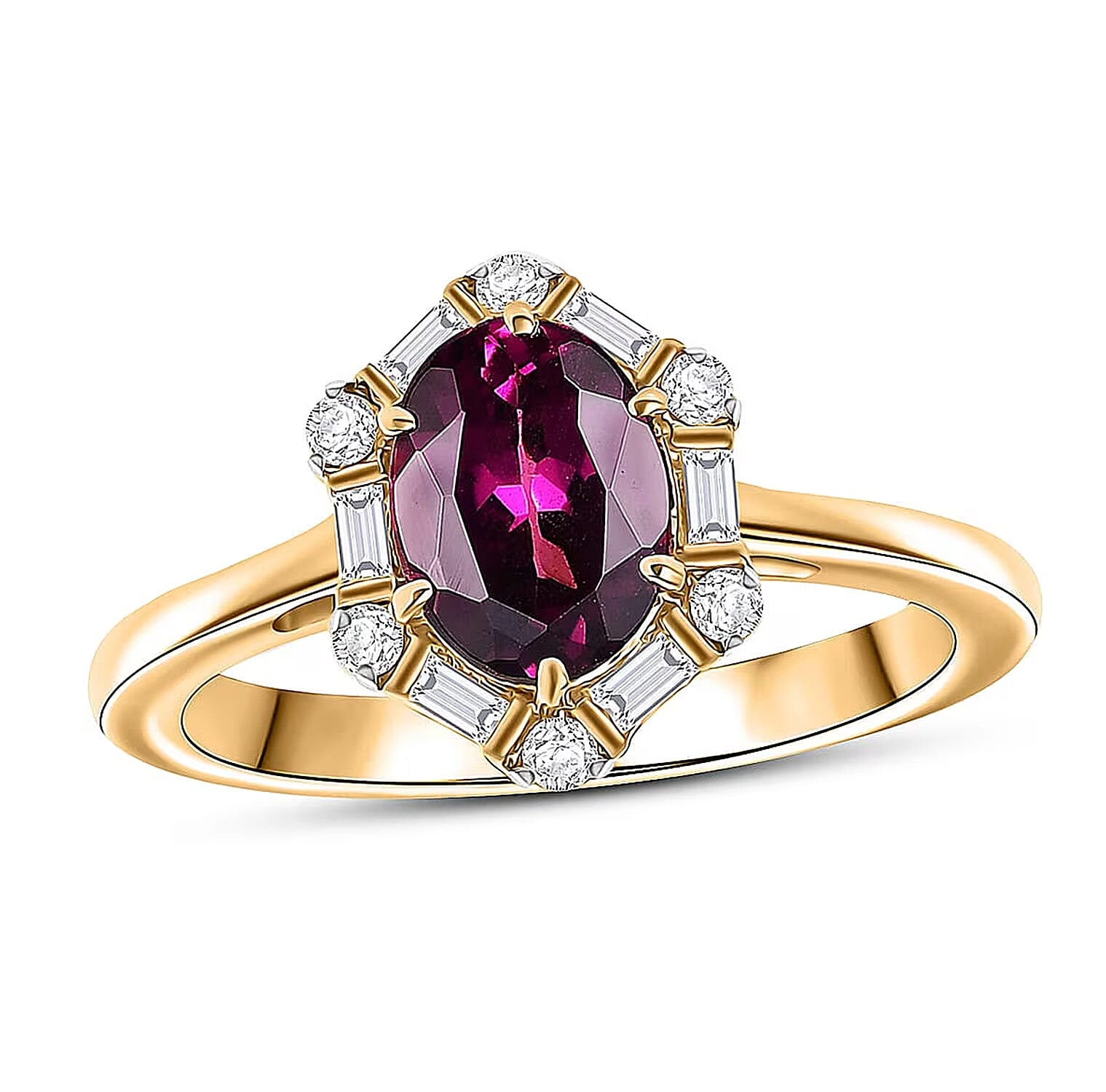 Certified & Appraised LUXURIANT 1.65 Ct. AAA Radiant Ember Garnet, Lab Grown Diamond Halo Ring in 10K Yellow Gold (SI, GH)