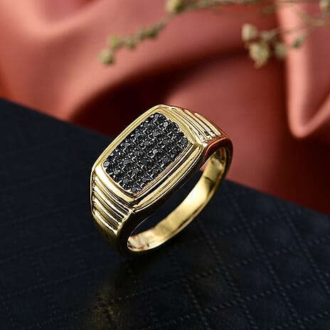 D'Joy Black Diamond Halo Ring in 18K Vermeil Yellow Gold Plated Sterling Silver, Silver Wt. 7.11 Gms.