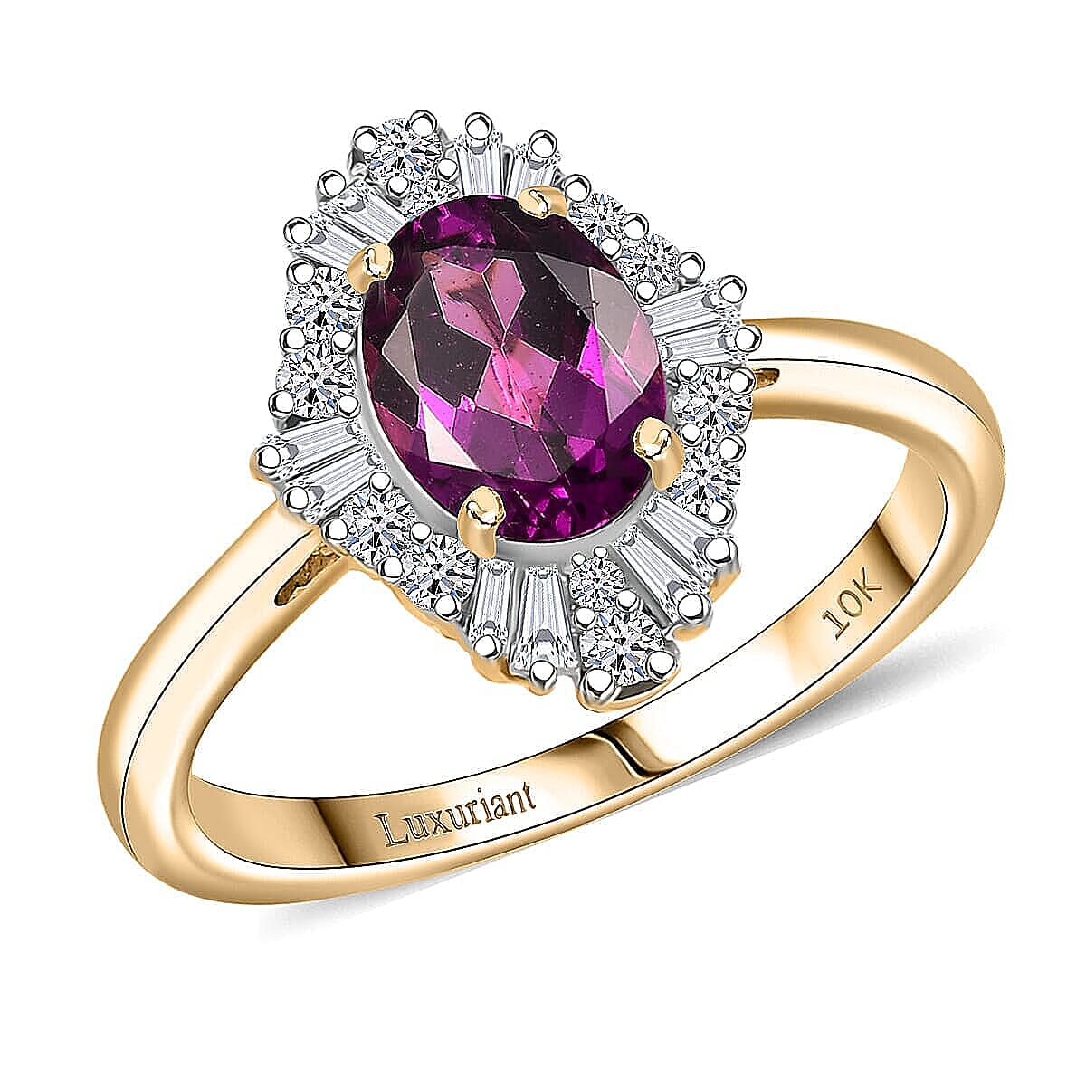 Certified & Appraised LUXURIANT 1.82 Ct. AAA Radiant Ember Garnet, Lab Grown Diamond Halo Ring in 10K Yellow Gold (SI, GH)