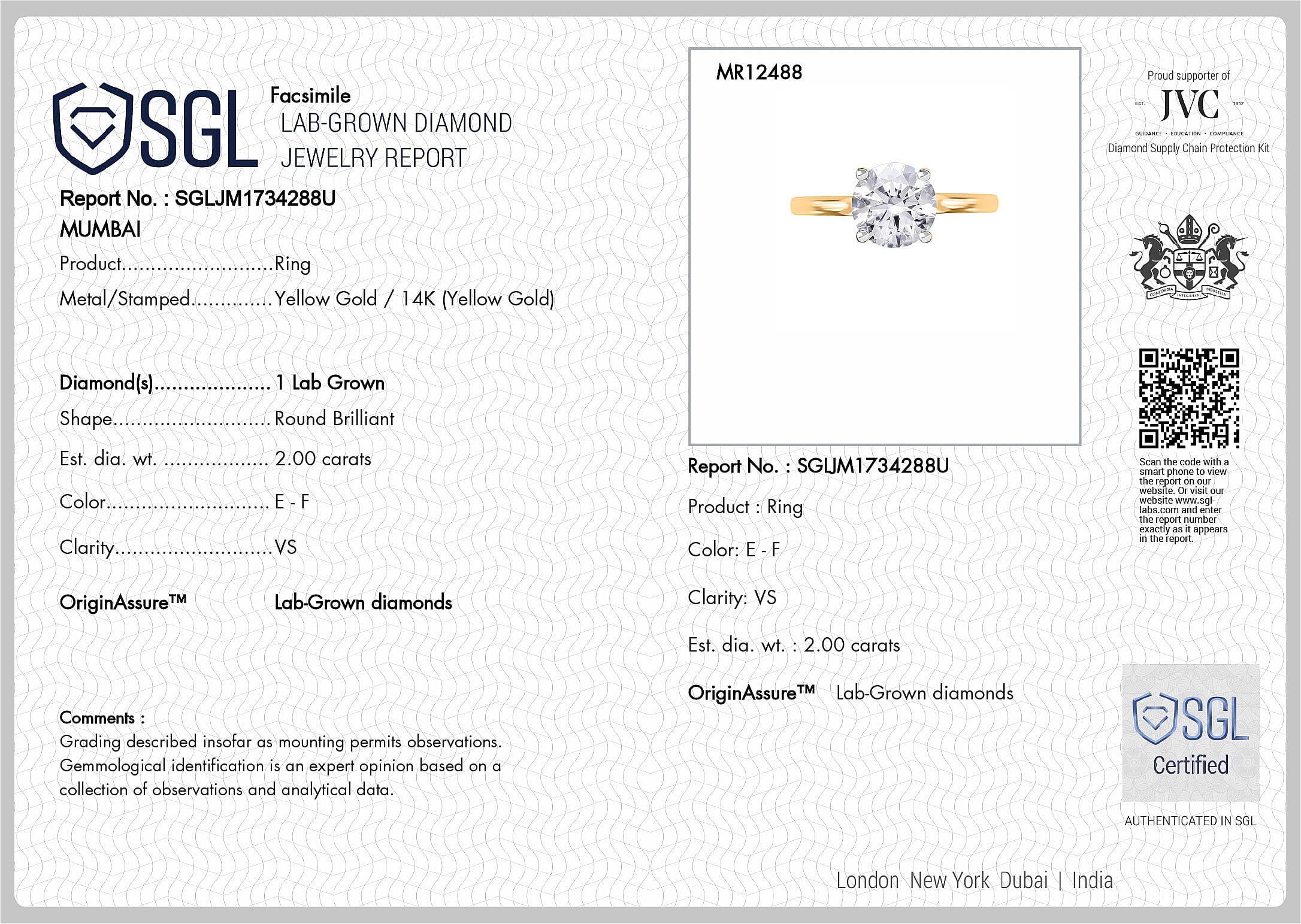Luxuriant 14K Yellow Gold SGL Certified Lab Grown Diamond (VS-EF) Solitaire Ring 2.00 Ct.