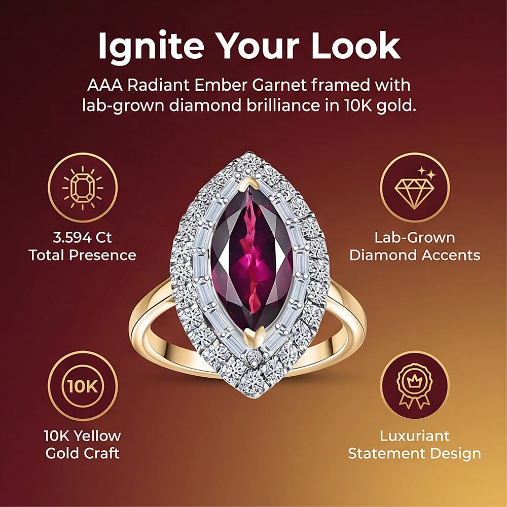 Luxuriant 10K Yellow Gold AAA Radiant Ember Garnet, Lab Grown Diamond Main Stone With Side Stone Ring, Gold Wt.3.95 Gms  3.594  Ct.