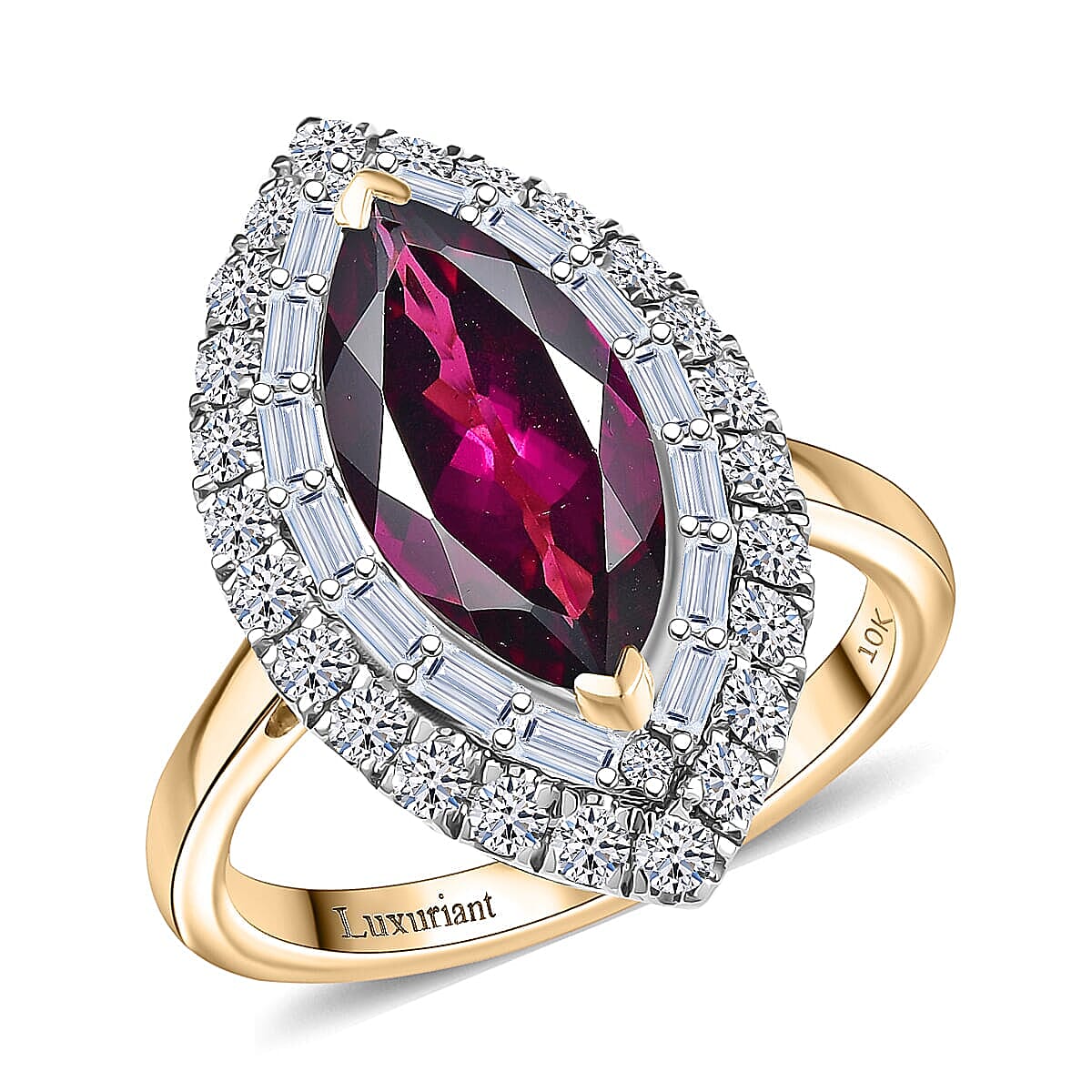 Certified & Appraised LUXURIANT 2.7 Ct. AAA Radiant Ember Garnet, Lab Grown Diamond Double Halo Ring in 10K Yellow Gold