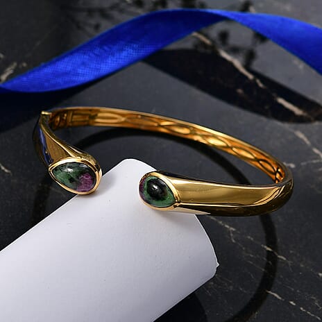 EverTrue Natural Ruby Zoisite Full Bangle (Size 7.5) in Yellow Gold Plated 8.65 Ct.