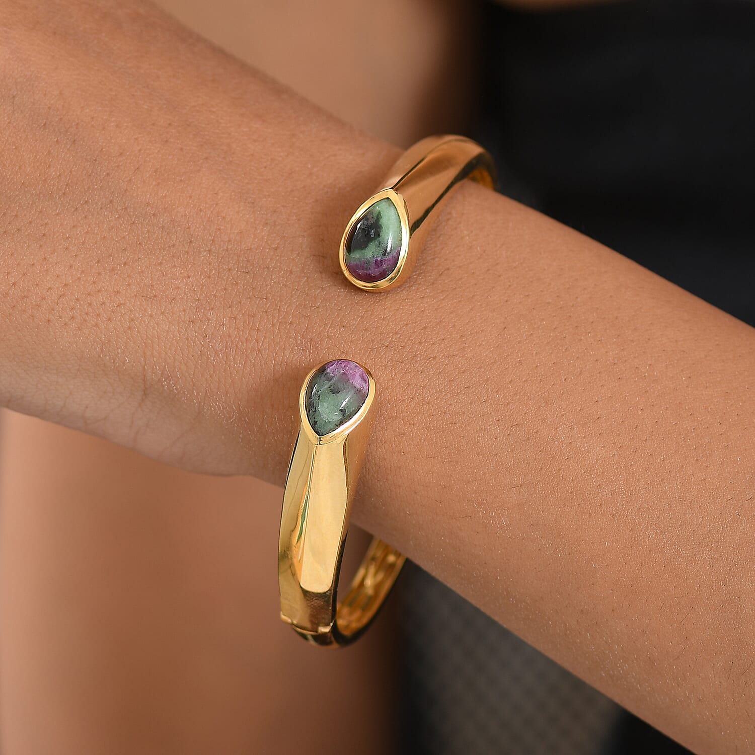 EverTrue Natural Ruby Zoisite Full Bangle (Size 7.5) in Yellow Gold Plated 8.65 Ct.