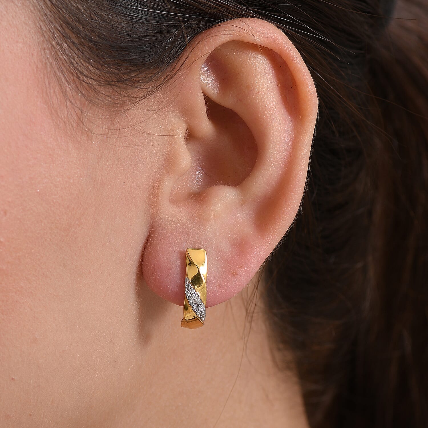 Luxuriant Lab Grown Diamond (SI-GH) J Hoop Half Hoop Earring with Push Back in 18K Vermeil Yellow Gold Plated Sterling Silver 0.26 Ct.