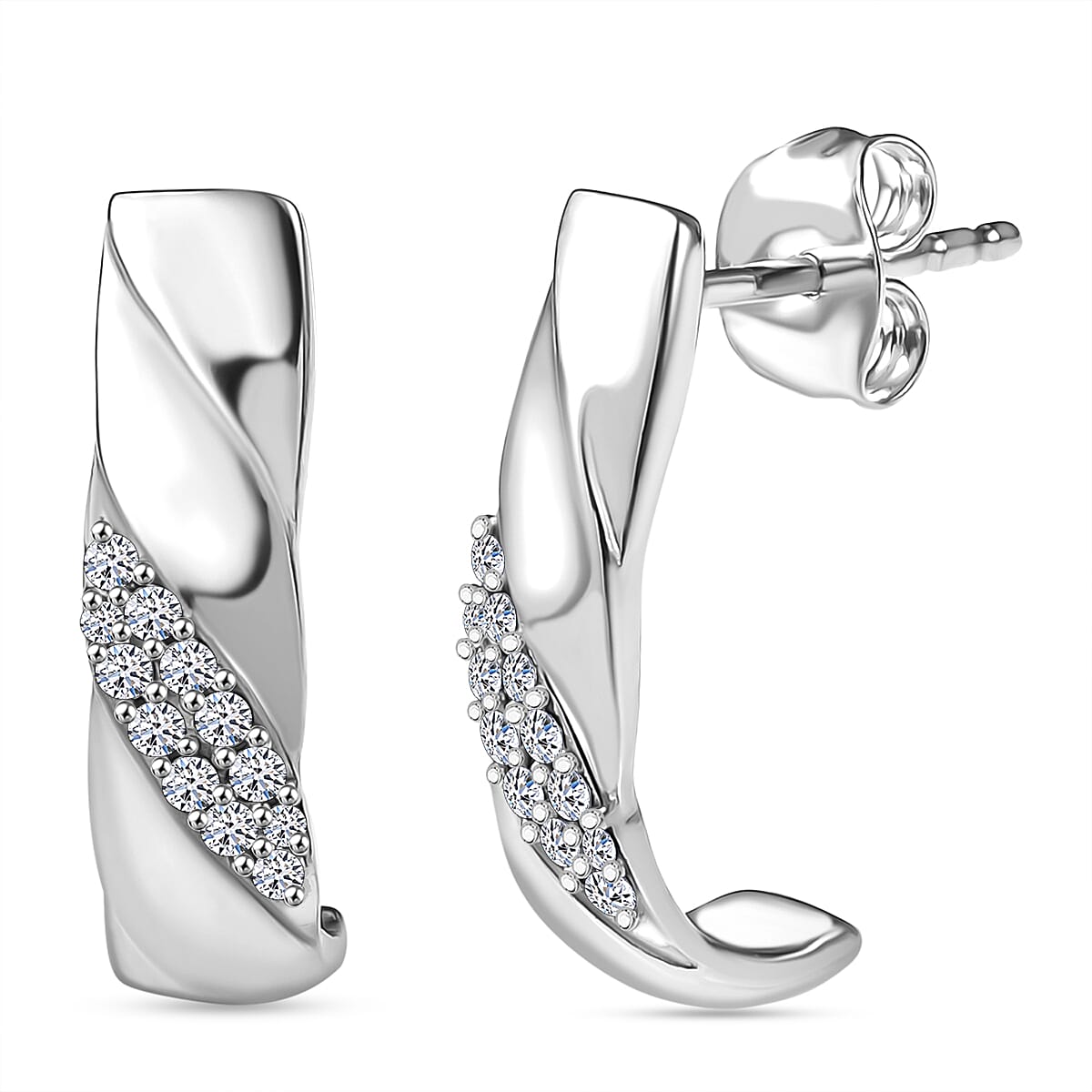 Luxuriant Lab Grown Diamond (SI-GH) J Hoop Half Hoop Earring with Push Back in Rhodium Overlay Sterling Silver 0.26 Ct.
