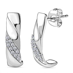 LUXURIANT Lab Grown Diamond J Hoop Half Hoop Earring in Rhodium Overlay Sterling Silver