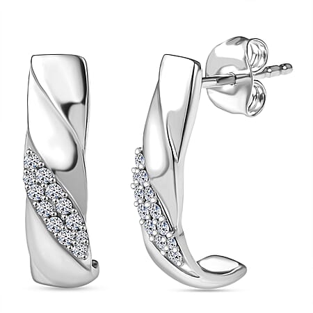 LUXURIANT Lab Grown Diamond J Hoop Half Hoop Earring in Rhodium Overlay Sterling Silver  0.26  Ct.