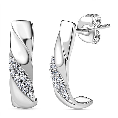 Luxuriant Lab Grown Diamond (SI-GH) J Hoop Half Hoop Earring with Push Back in Rhodium Overlay Sterling Silver 0.26 Ct.