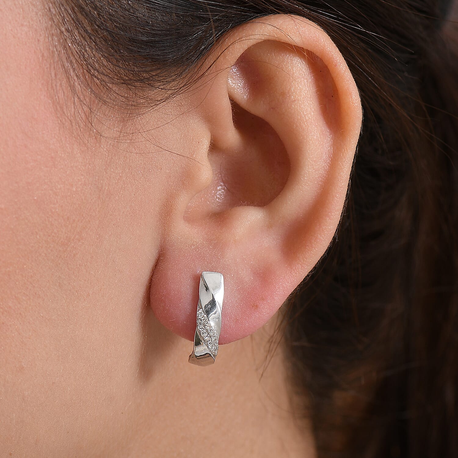 Luxuriant Lab Grown Diamond (SI-GH) J Hoop Half Hoop Earring with Push Back in Rhodium Overlay Sterling Silver 0.26 Ct.