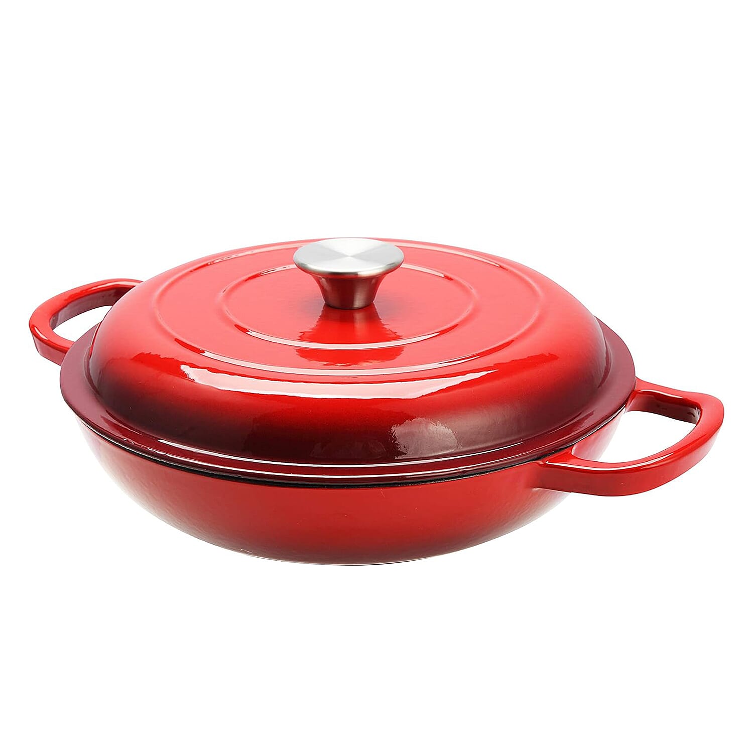 Sunnex 2.1L Shallow Cast Iron Casserole Pan with lid - Red