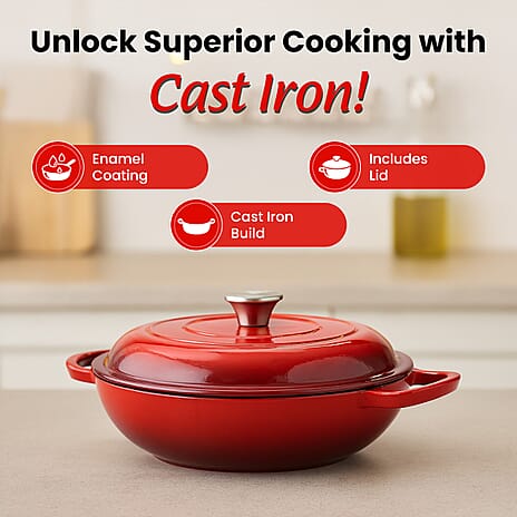 Sunnex 2.1L Shallow Cast Iron Casserole Pan with lid - Red