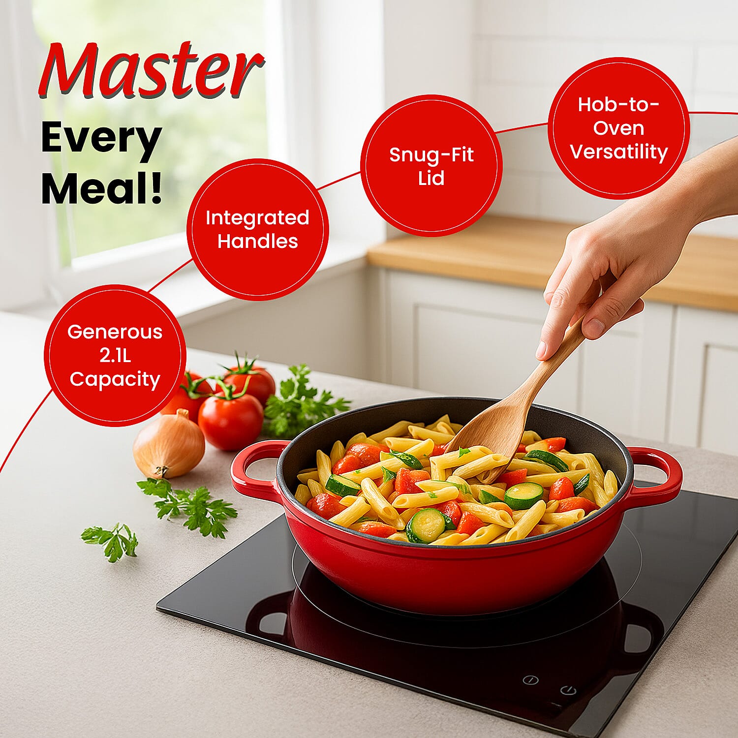 Sunnex 2.1L Shallow Cast Iron Casserole Pan with lid - Red