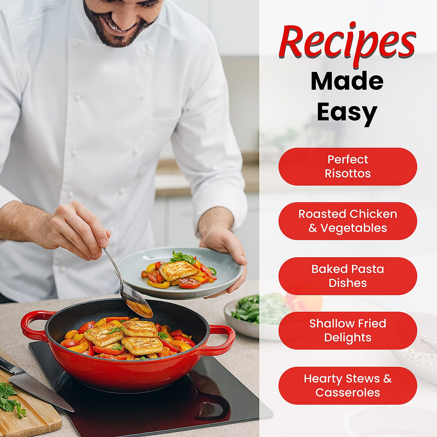 Sunnex 2.1L Shallow Cast Iron Casserole Pan with lid - Red