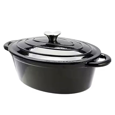 Sunnex Oval Cast Iron Casserole Pan with Lid (3.5L) - Black