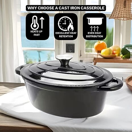 Sunnex Oval Cast Iron Casserole Pan with Lid (3.5L) - Black