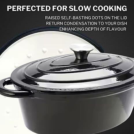 Sunnex Oval Cast Iron Casserole Pan with Lid (3.5L) - Black