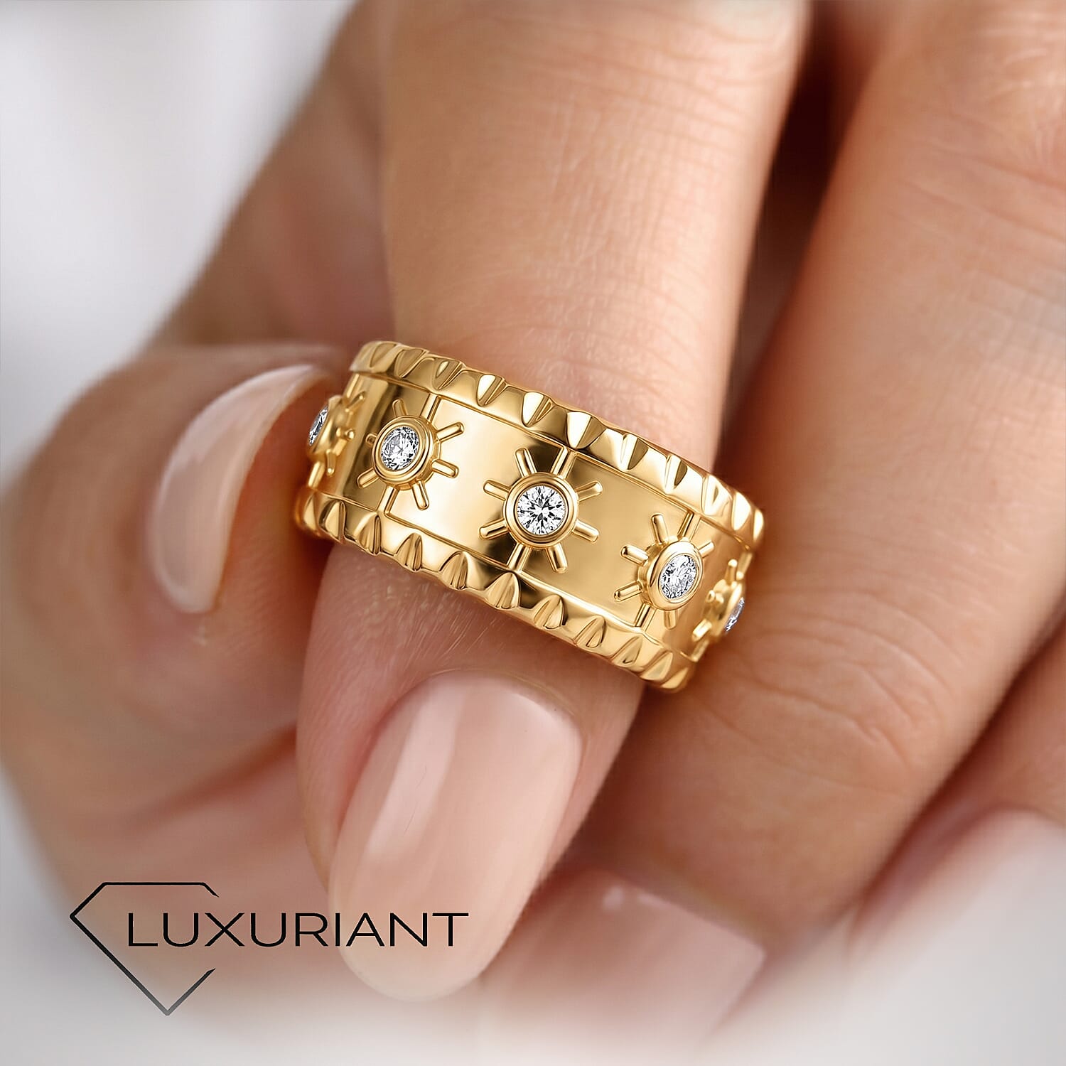 Luxuriant Lab Grown Diamond Band Ring in 18K Vermeil Yellow Gold Plated Sterling Silver 0.26 Ct, Silver Wt. 5.13 Gms.