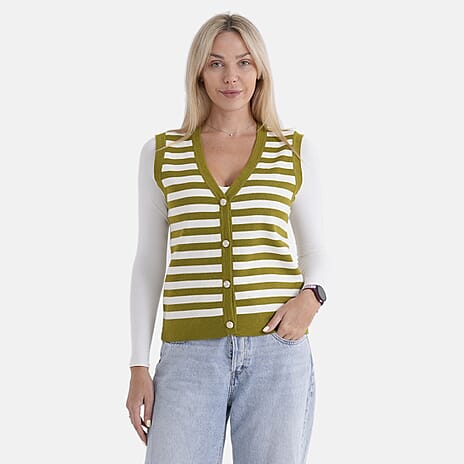 - Maisi Button Down Knitted Stripe Vest (Size 8 To 10) - Green - White