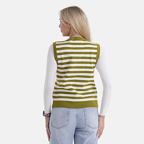 - Maisi Button Down Knitted Stripe Vest (Size 12 To 14) - Green - White