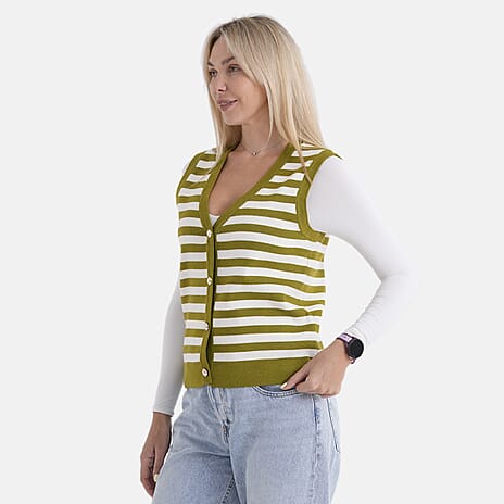 - Maisi Button Down Knitted Stripe Vest (Size 12 To 14) - Green - White