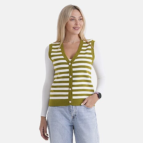 - Maisi Button Down Knitted Stripe Vest (Size 16 To 18) - Green - White