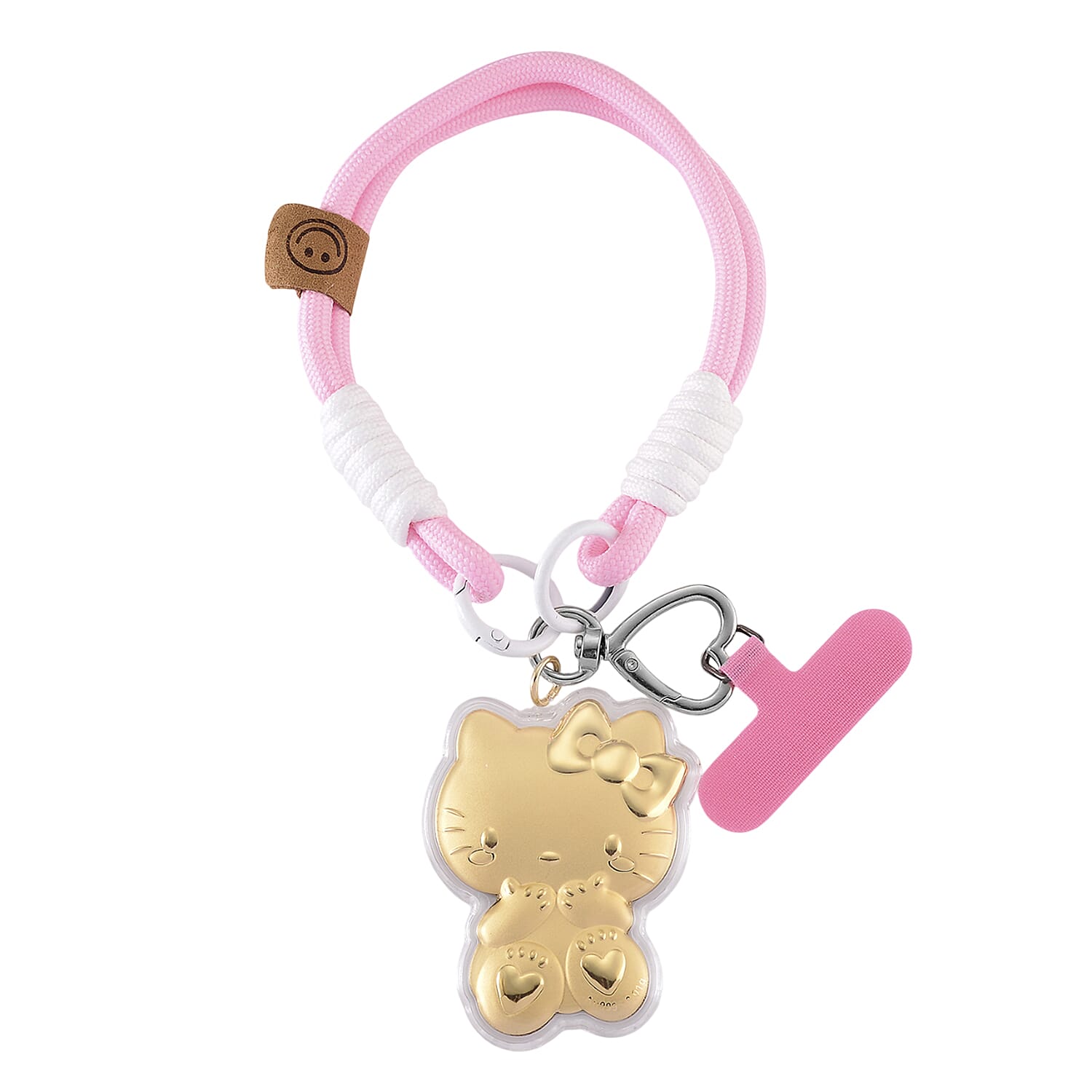 24K Yellow Gold Kitty Key Chain with Pink & White Rope