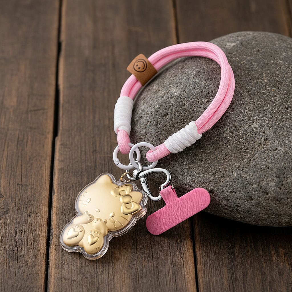 24K Yellow Gold Kitty Key Chain with Pink & White Rope