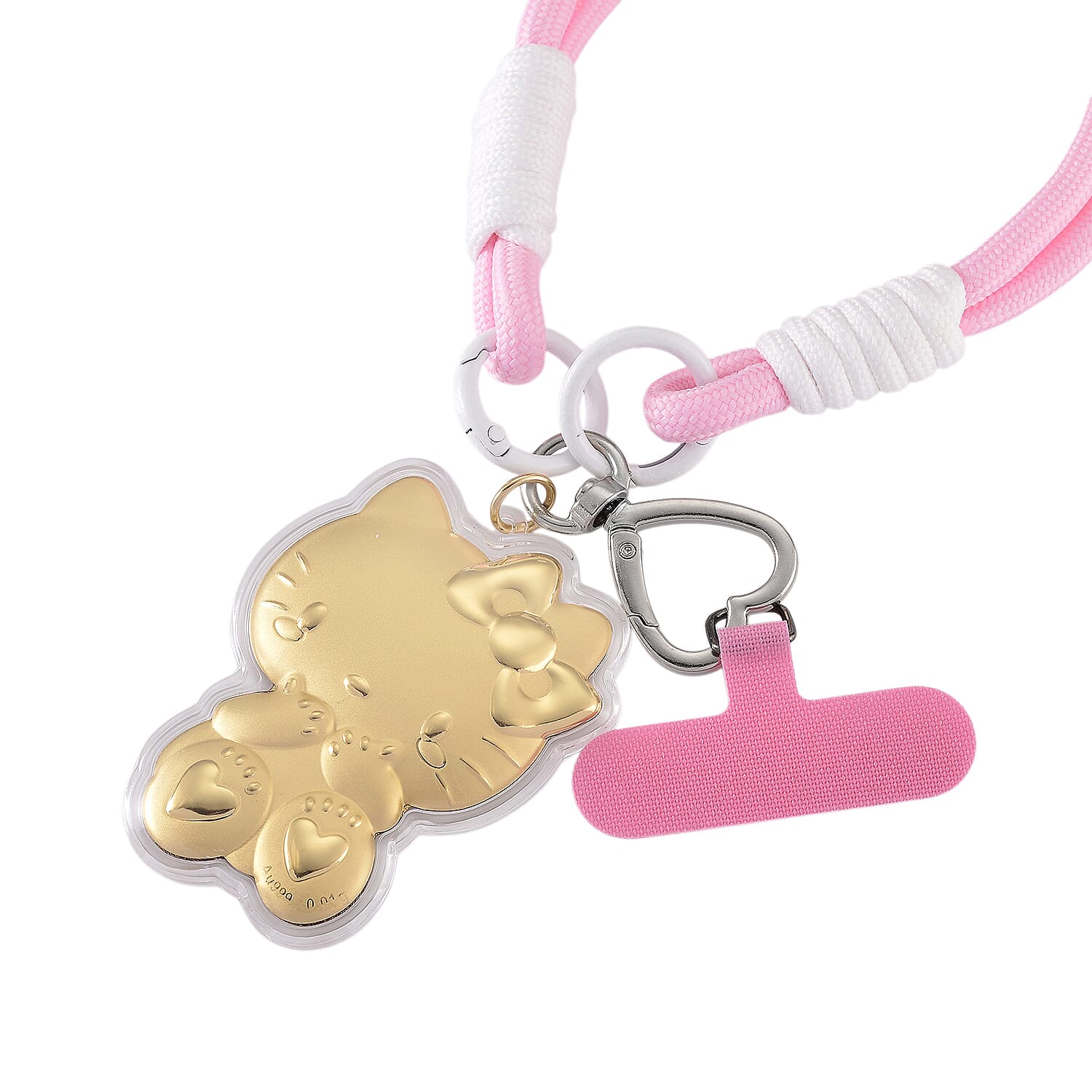 24K Yellow Gold Kitty Key Chain with Pink & White Rope