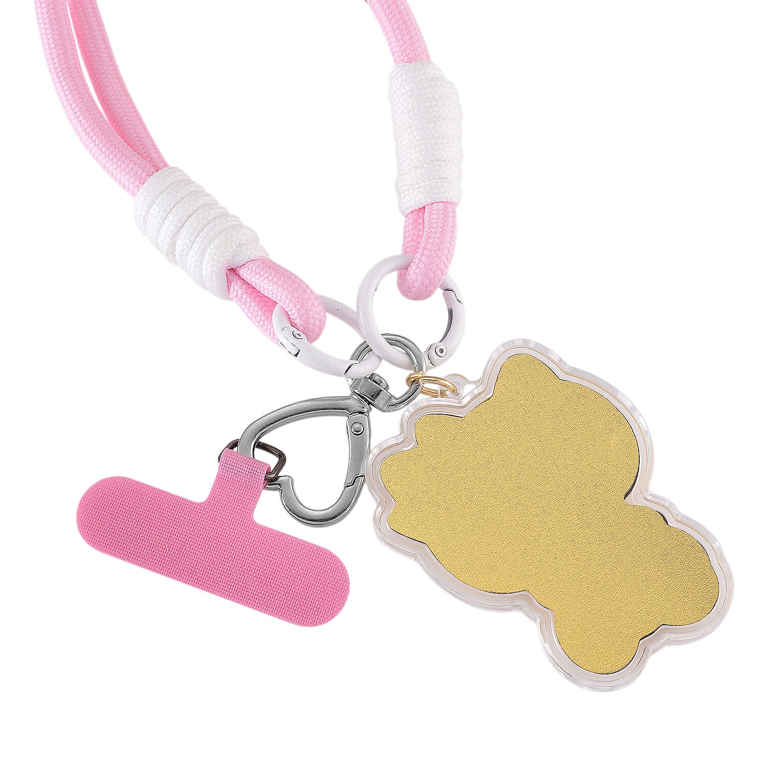 24K Yellow Gold Kitty Key Chain with Pink & White Rope