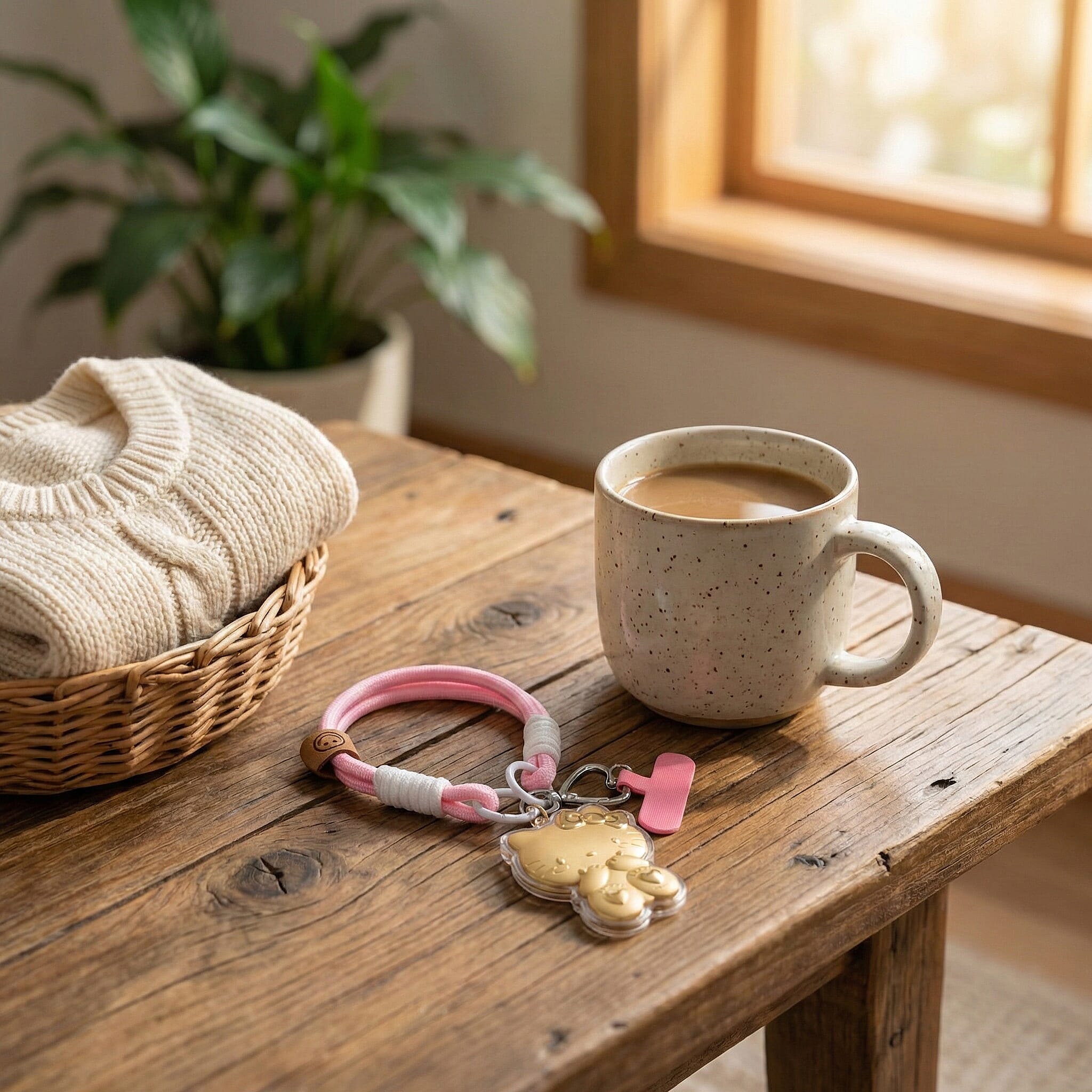 24K Yellow Gold Kitty Key Chain with Pink & White Rope